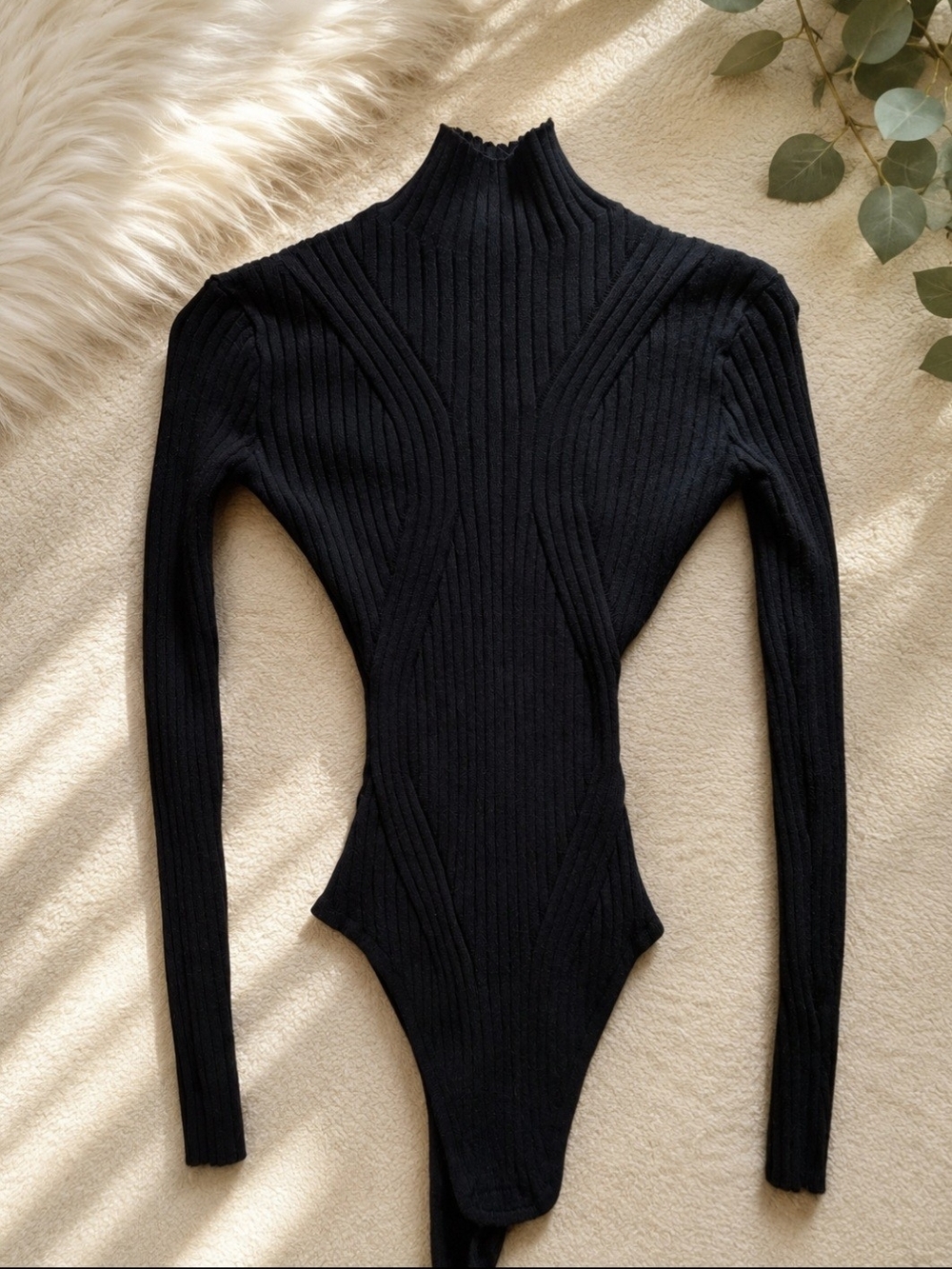 Lulus Black Ribbed Mock-Neck Long-Sleeve Bodysuit